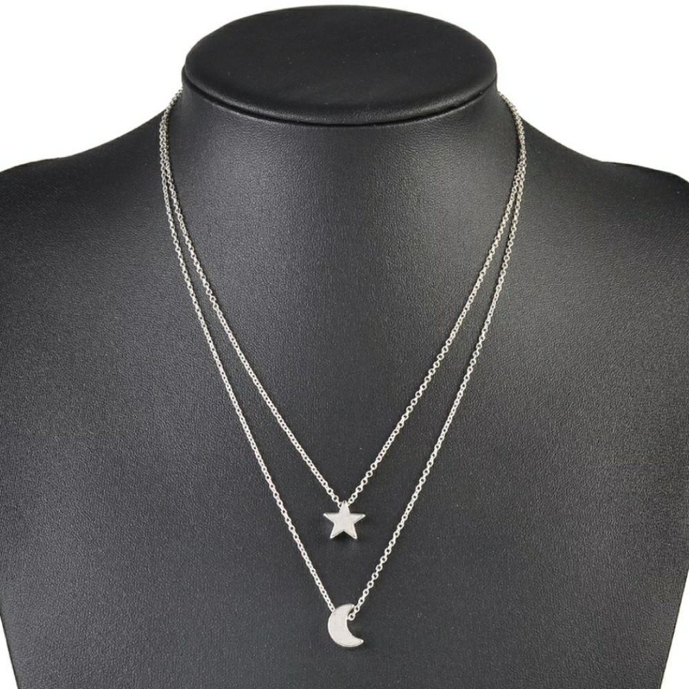 Silver & Gold Star & Moon Layered Charm Necklace - Picture 2 of 6